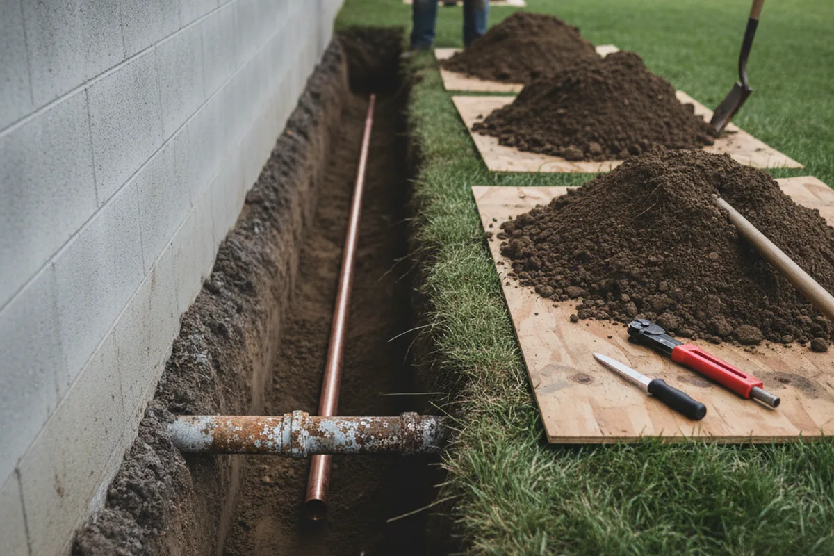 Excavated water line trench during Sewer Line Repair in Waitsburg